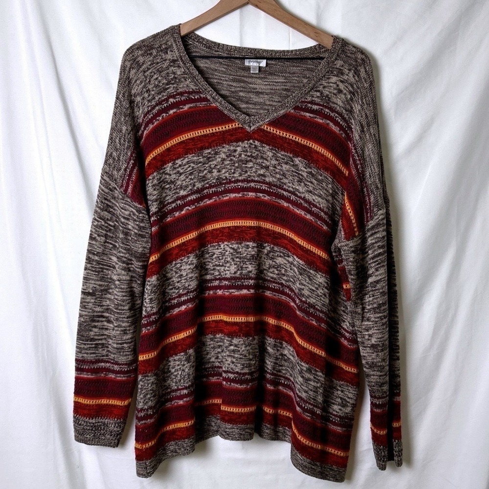 Avenue Women V-Neck Knit Pullover Sweater Brown Burgundy Striped Size 22/24 Boho
